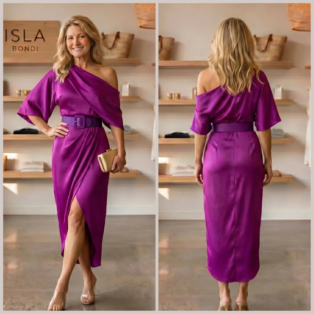 Satin Irregular Lapel Neckline Design Ruched Maxi Dress