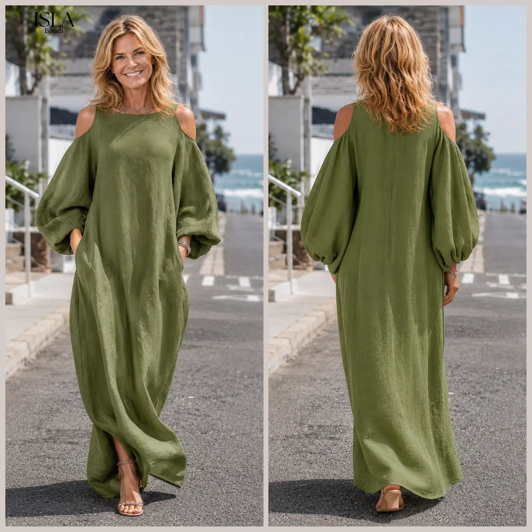 Green Off-shoulder Oversized Puff Sleeve Maxi Dress