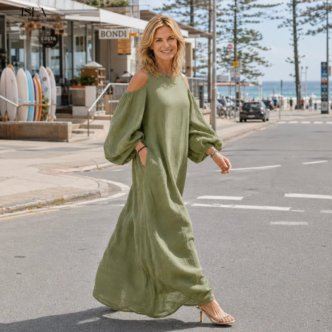 Green Off-shoulder Oversized Puff Sleeve Maxi Dress