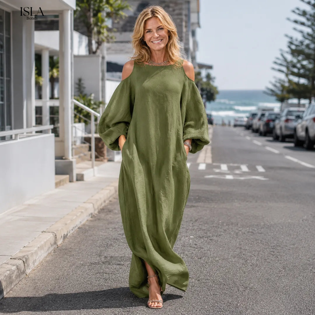 Green Off-shoulder Oversized Puff Sleeve Maxi Dress