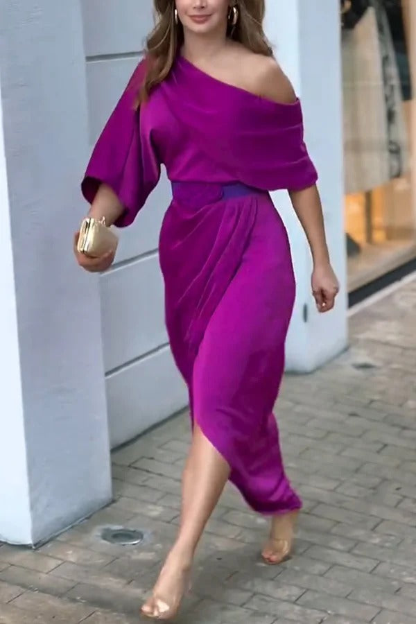 Satin Irregular Lapel Neckline Design Ruched Maxi Dress