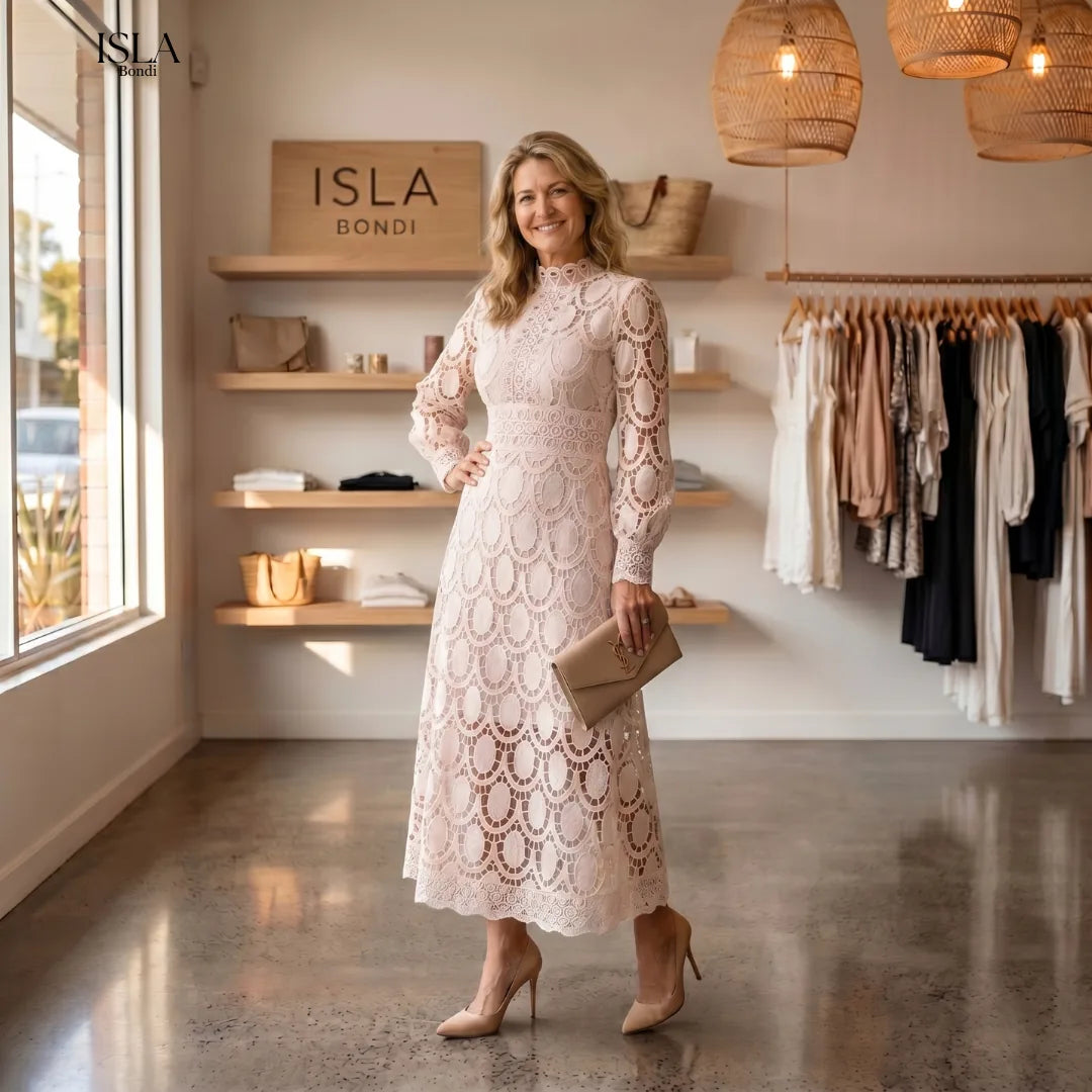 Romantic Sensual and Elegant Crochet Lace Lantern Sleeve Party Midi Dress