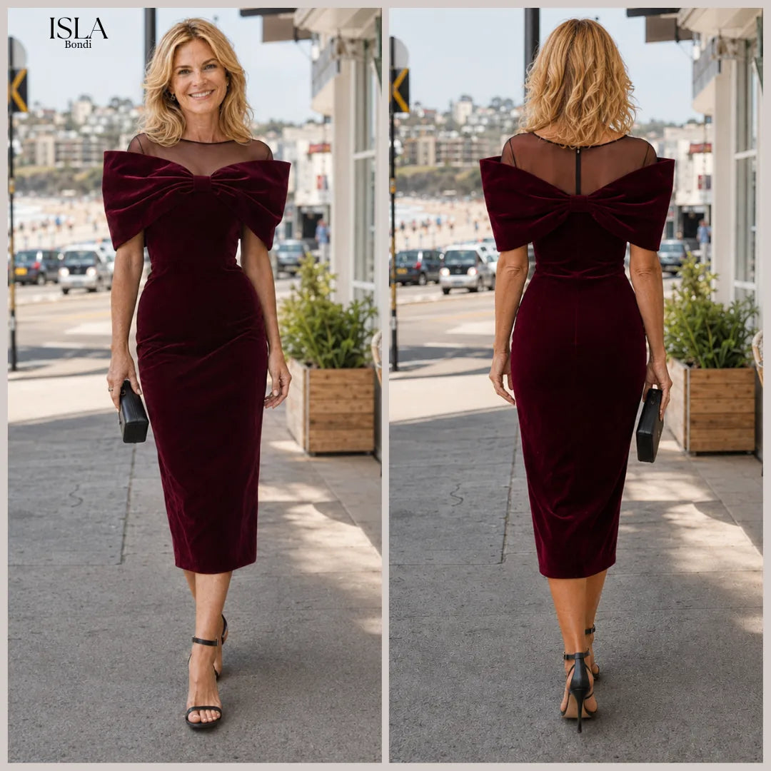 DRAMATIC BURGUNDY VELVET BOW MIDI DRESS