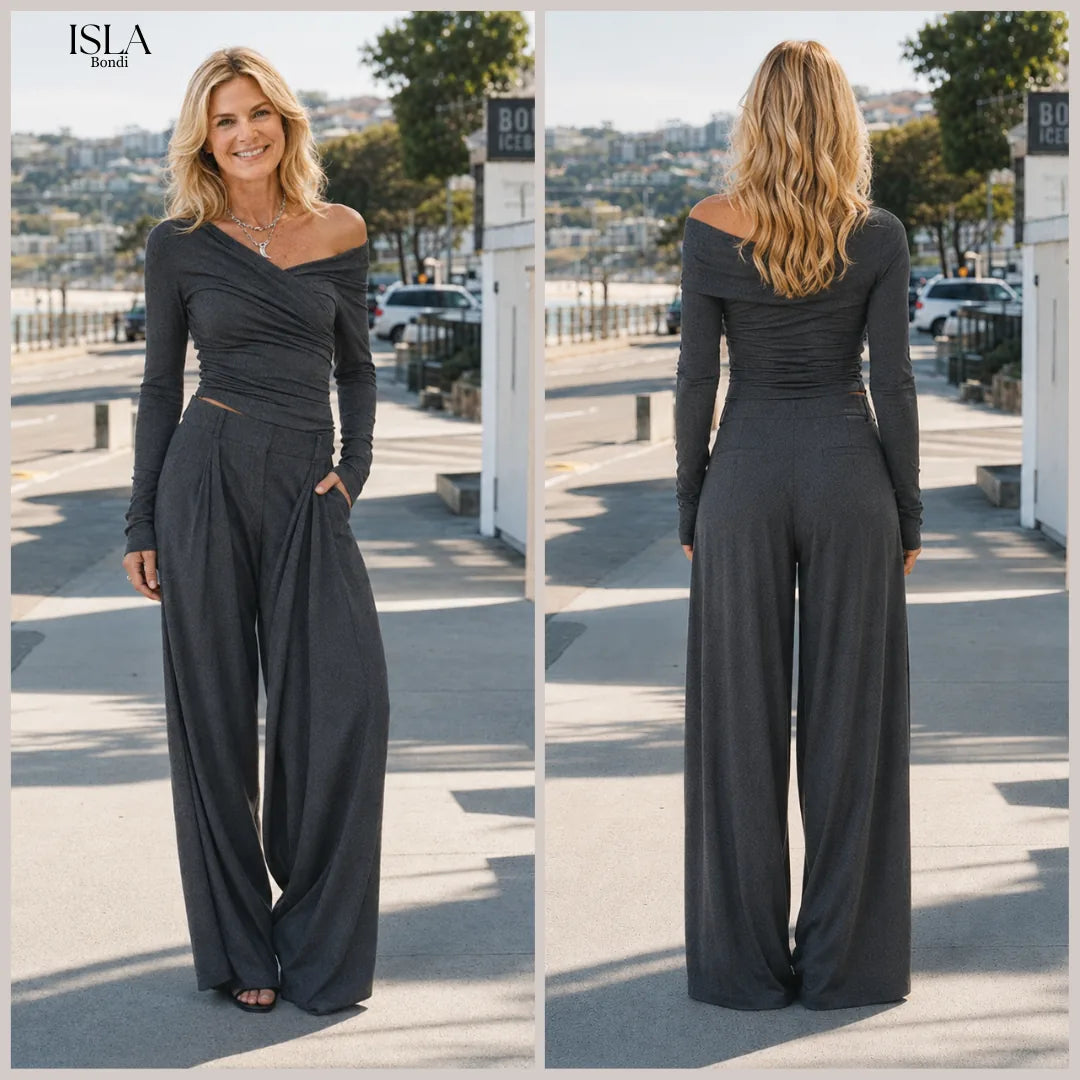 Charcoal Gray Off-shoulder Top And Wide-leg Pants Set