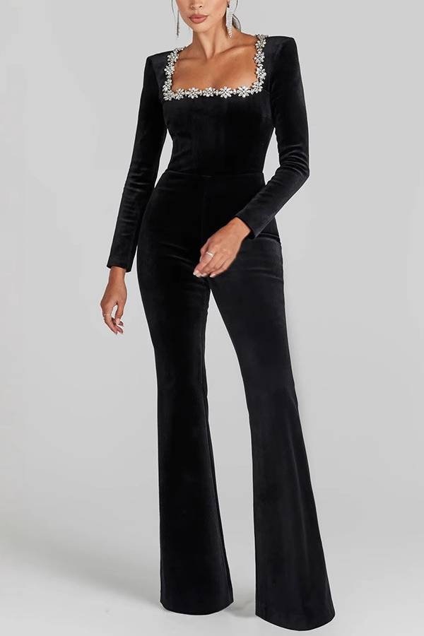 Velvet Rhinestone Square Neck Flared Jumpsuit