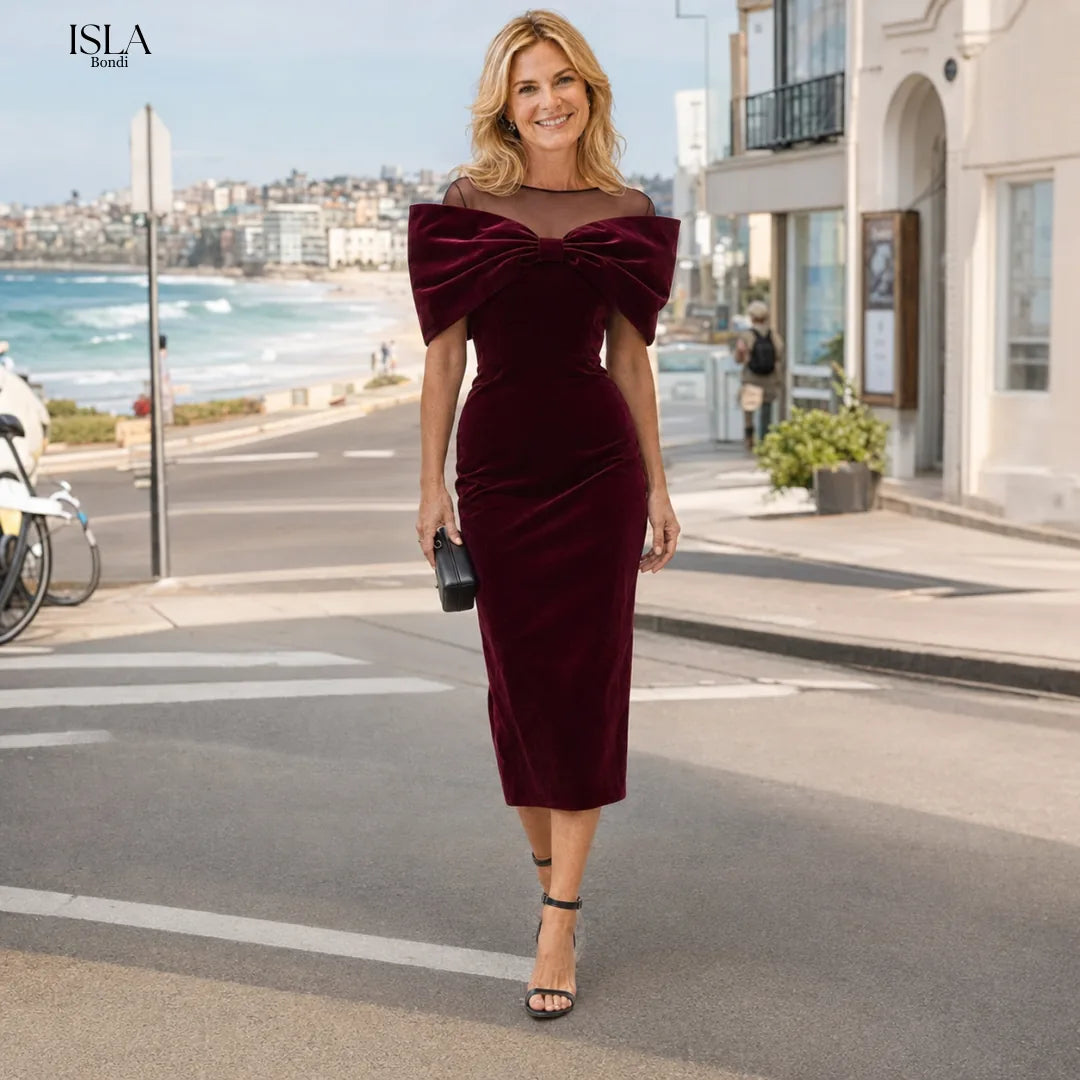 DRAMATIC BURGUNDY VELVET BOW MIDI DRESS