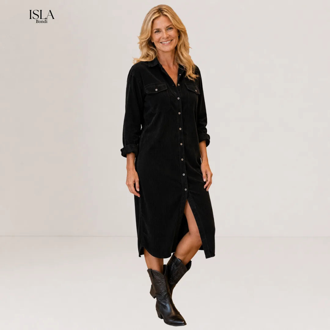 Loose Corduroy Double Chest Pocket Single Breasted Midi Dress