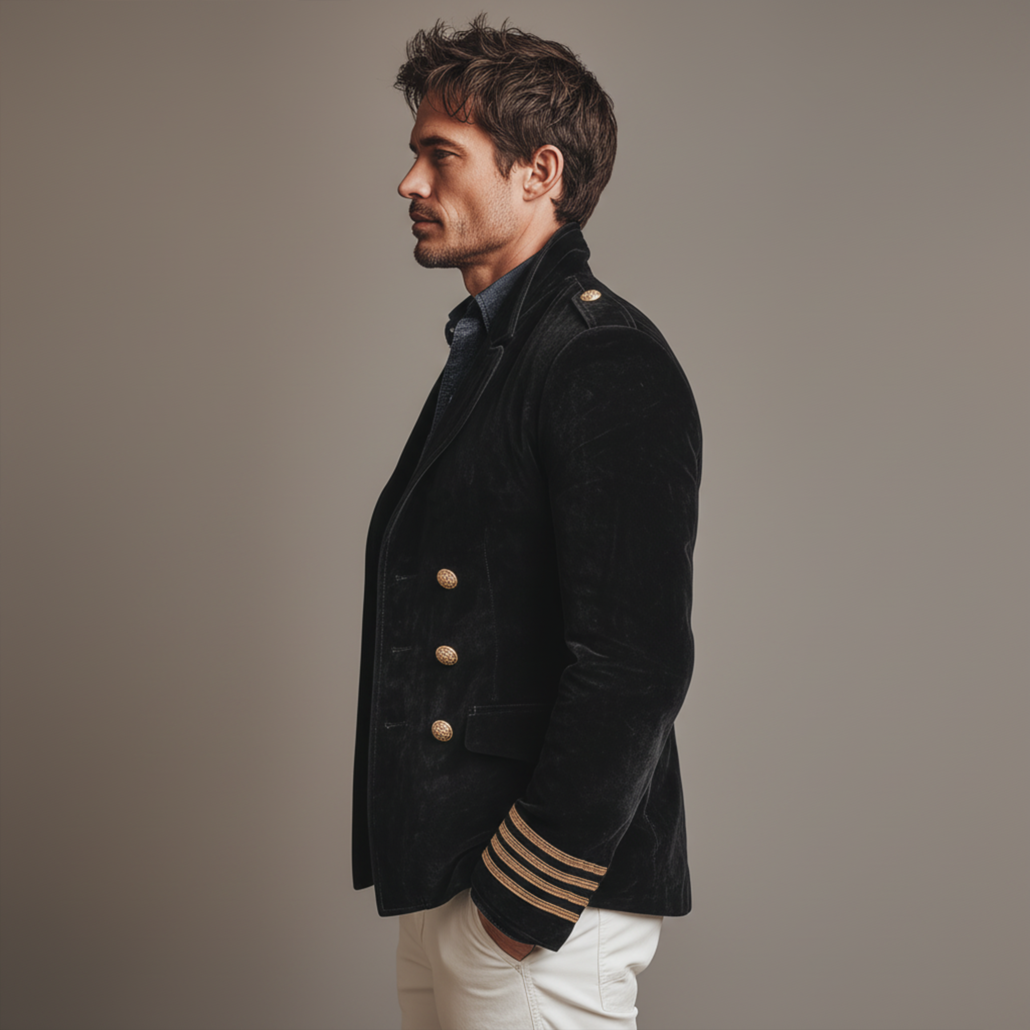 Men's Classic Retro Lapel Double-breasted Epaulette Faux Velvet Jacket
