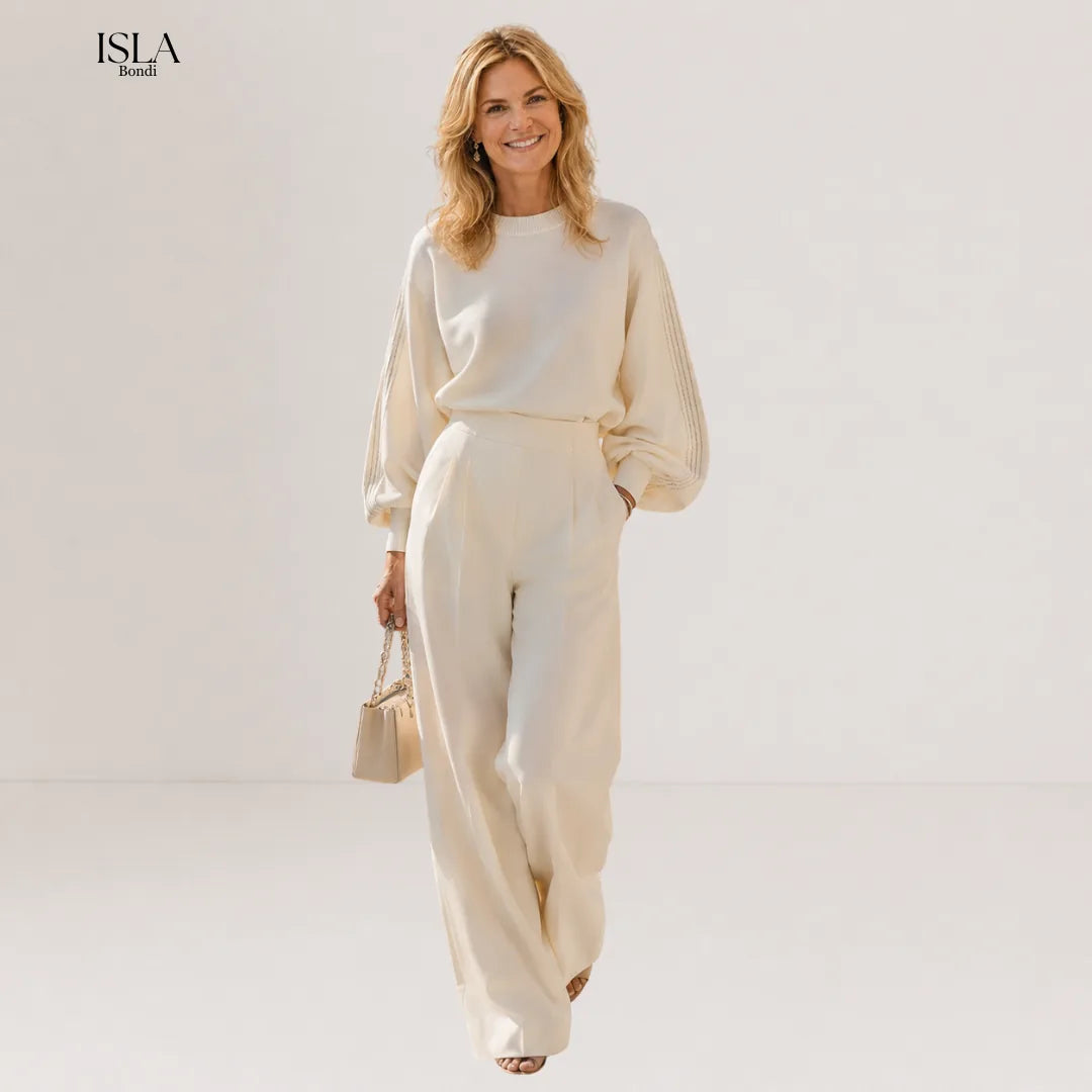 Ivory Ribbed Crew Neck Top And High-waisted Wide-leg Pants Suit