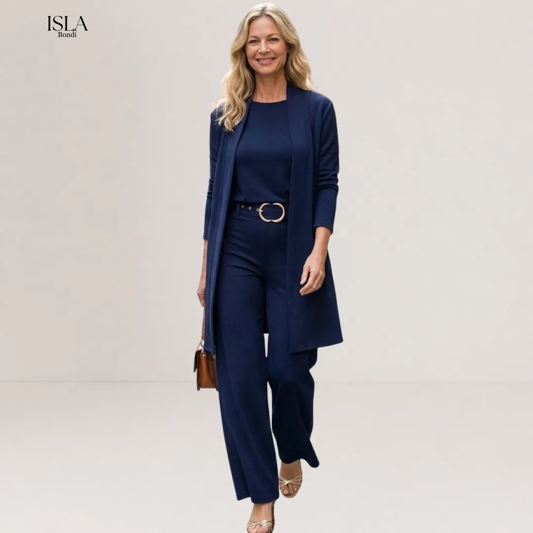 Elegant 3-piece set including long cardigan, top and pants