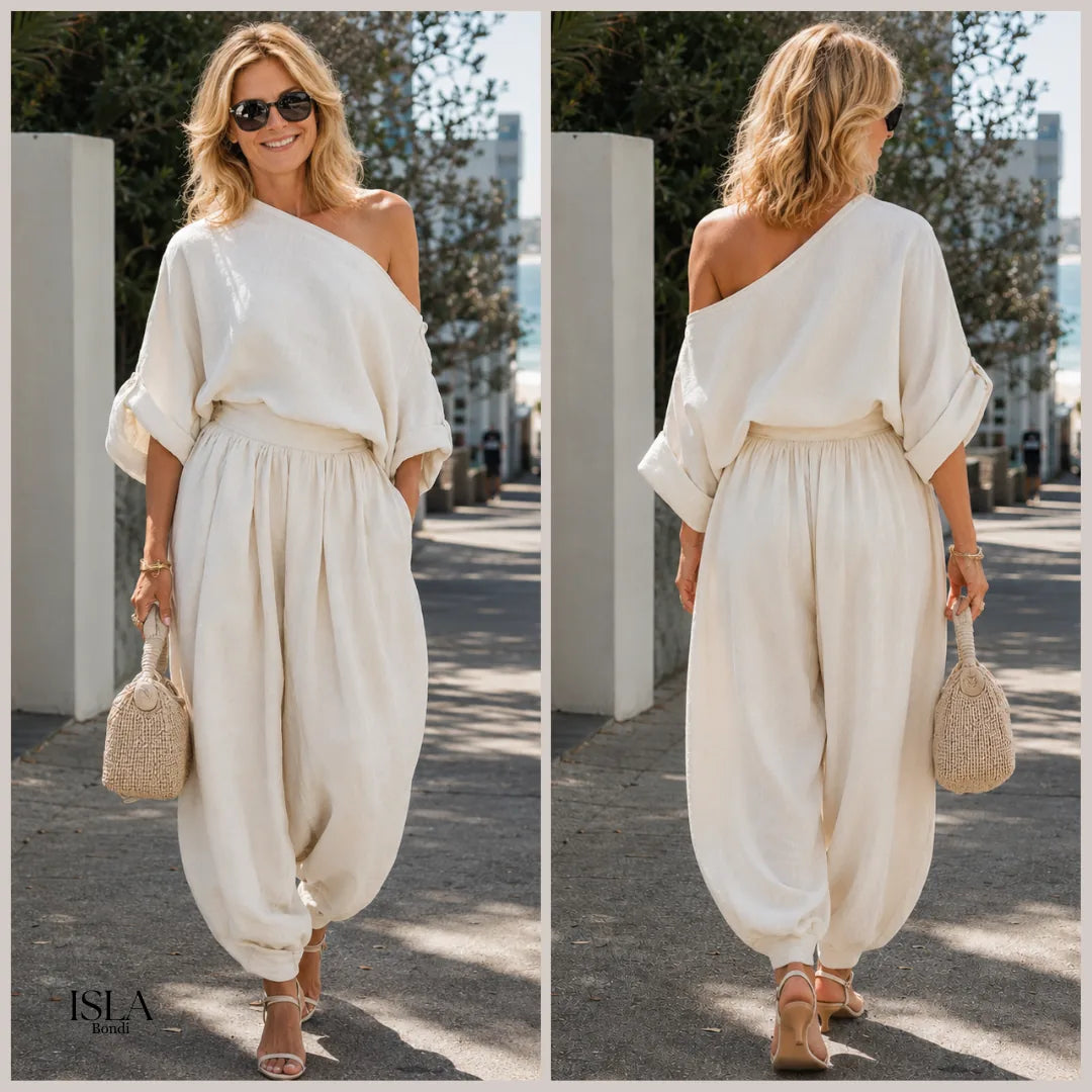 Off-white Linen Off-shoulder Loose Casual Top And Tapered Pants Set