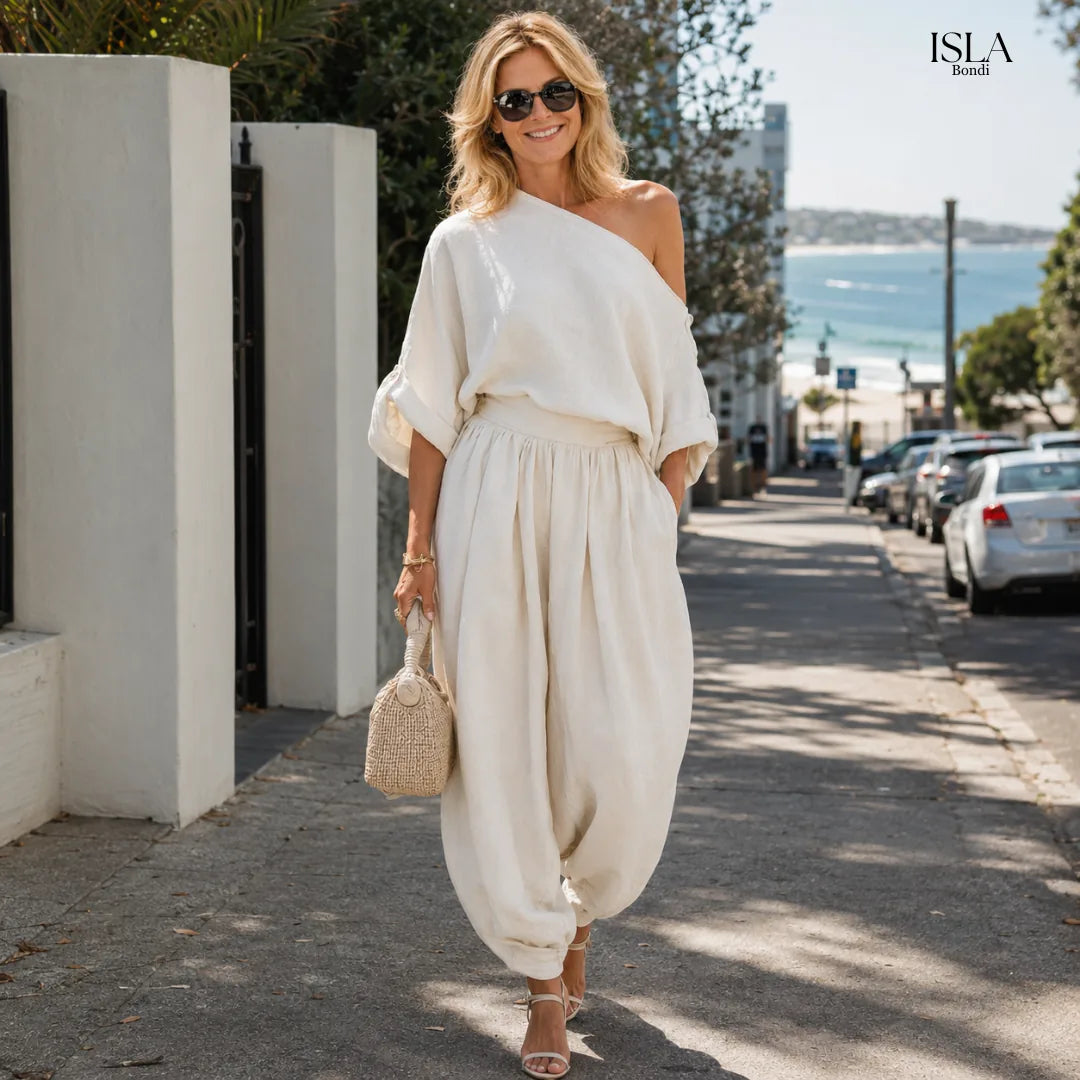 Off-white Linen Off-shoulder Loose Casual Top And Tapered Pants Set