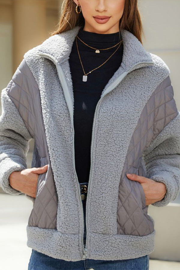 Fashion Long Sleeve Cardigan Zipper Plush Patchwork Women's Jacket