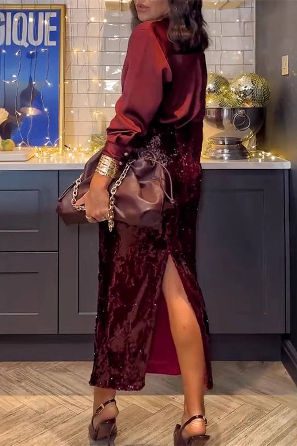 Sequined slit skirt