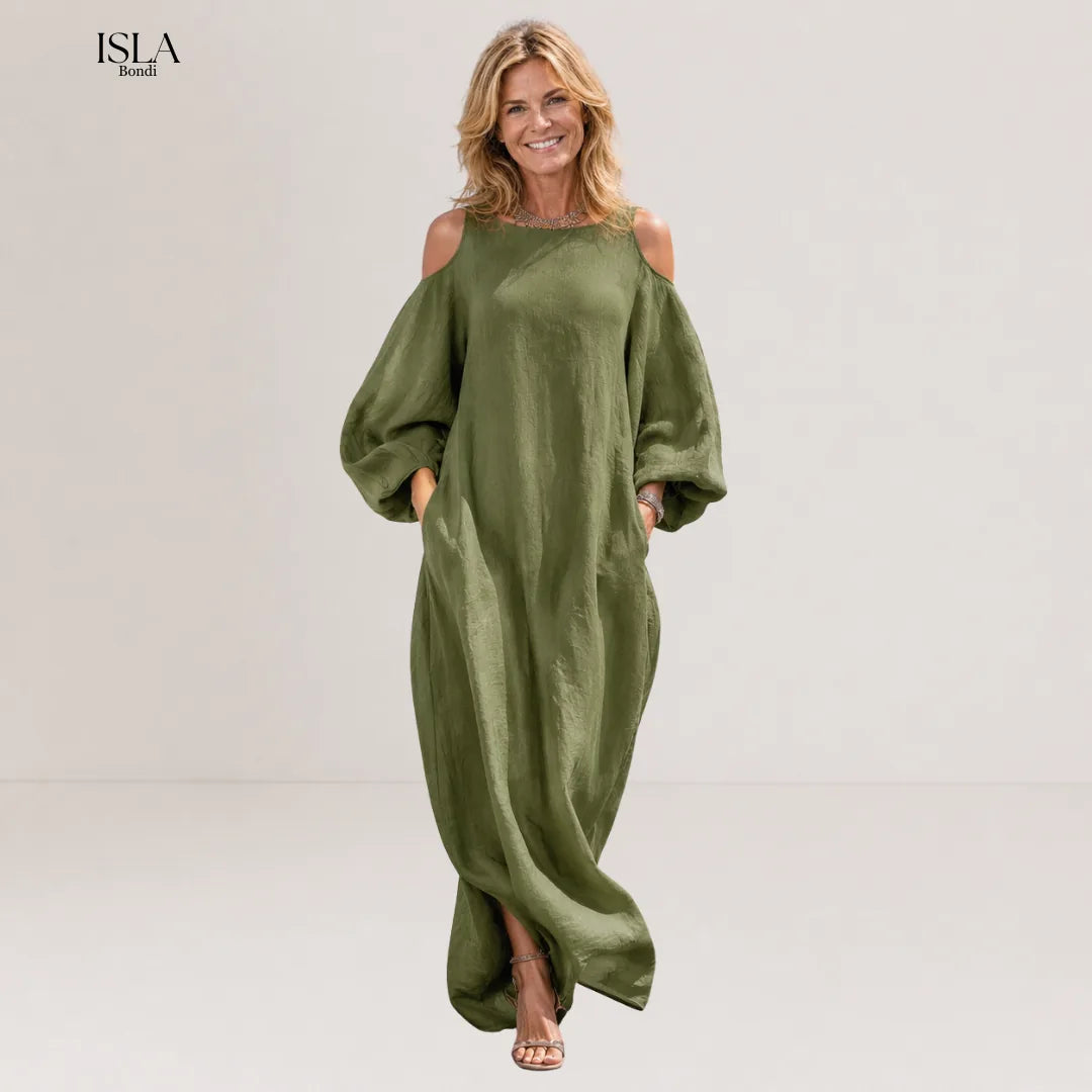 Green Off-shoulder Oversized Puff Sleeve Maxi Dress