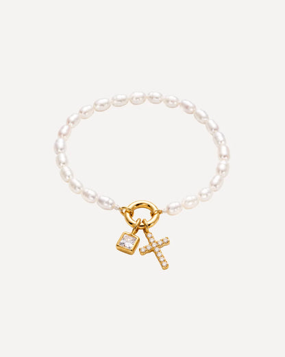 Olivia Birthstone Cross Bracelet with Pearls