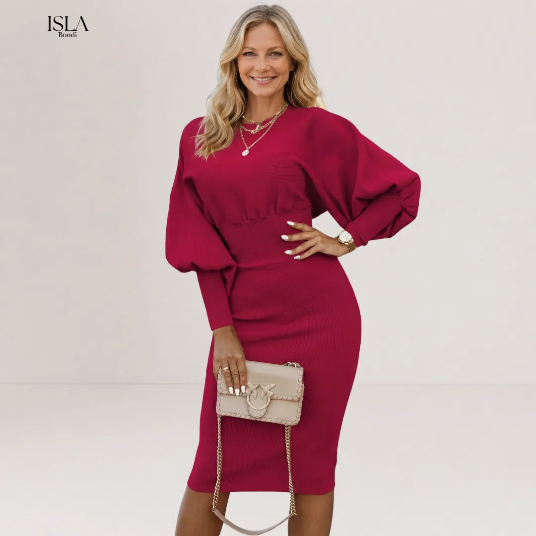 Batwing sleeve waist knitted slim dress