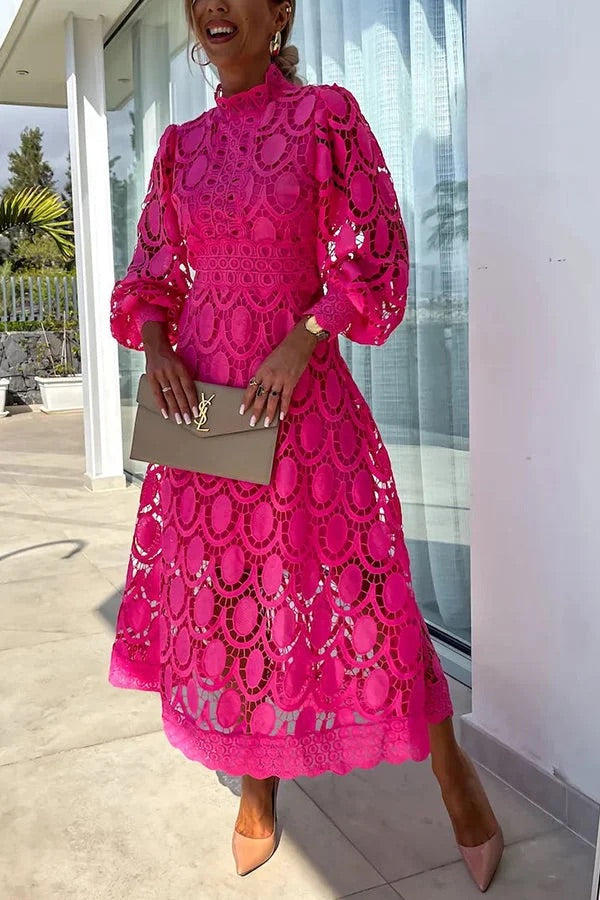Romantic Sensual and Elegant Crochet Lace Lantern Sleeve Party Midi Dress