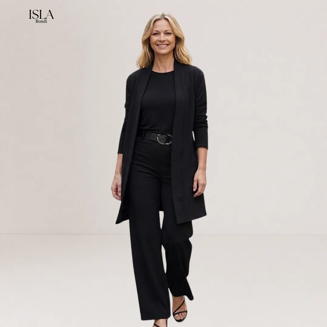 Elegant 3-piece set including long cardigan, top and pants
