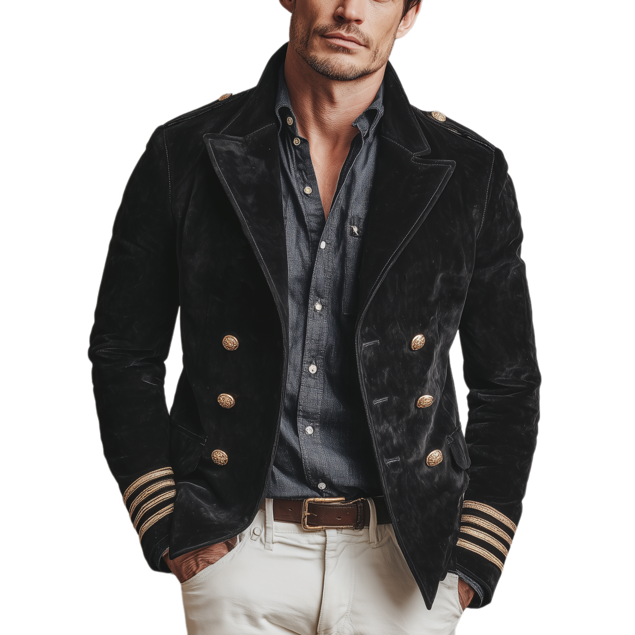 Men's Classic Retro Lapel Double-breasted Epaulette Faux Velvet Jacket
