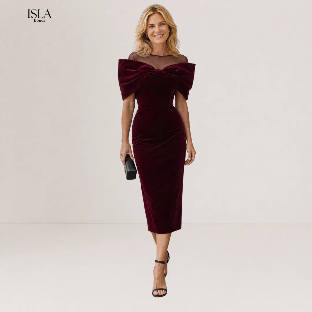 DRAMATIC BURGUNDY VELVET BOW MIDI DRESS