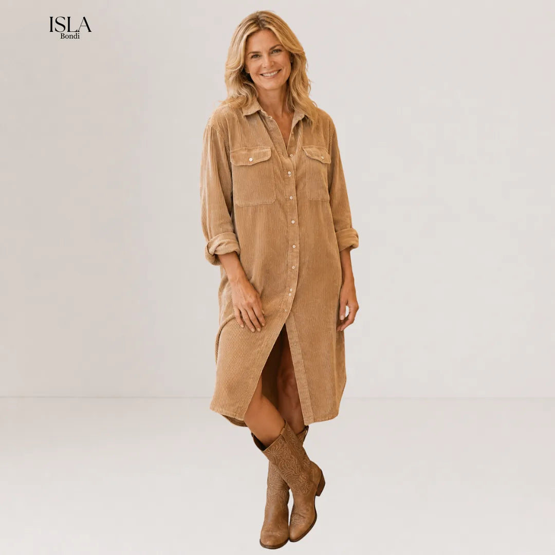 Loose Corduroy Double Chest Pocket Single Breasted Midi Dress