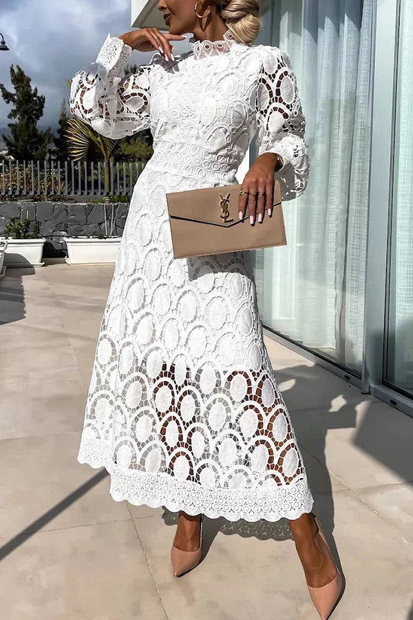 Romantic Sensual and Elegant Crochet Lace Lantern Sleeve Party Midi Dress