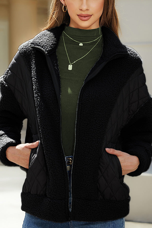Fashion Long Sleeve Cardigan Zipper Plush Patchwork Women's Jacket