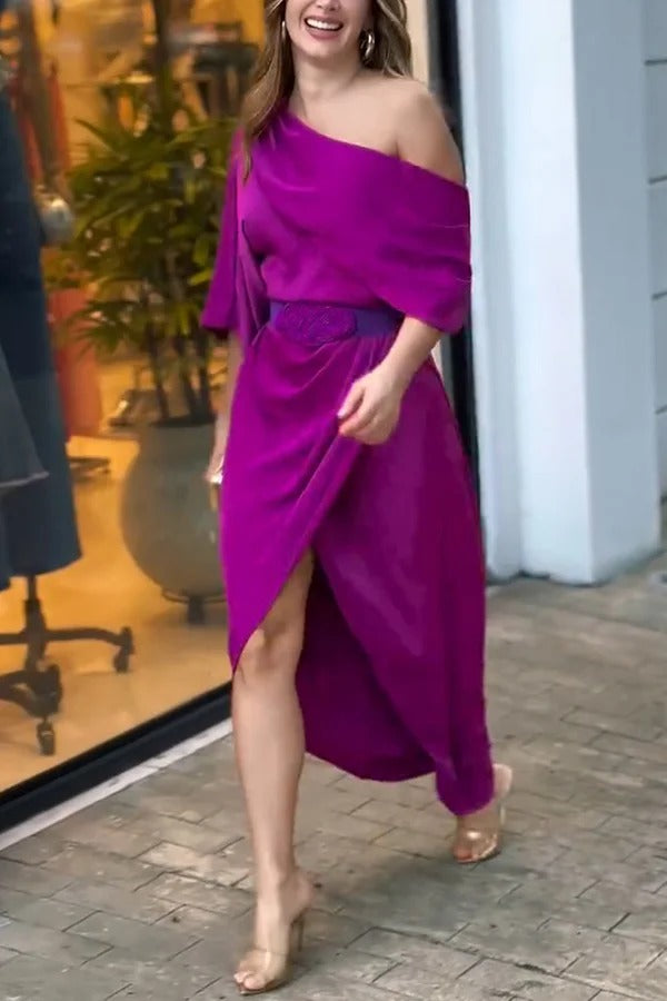 Satin Irregular Lapel Neckline Design Ruched Maxi Dress