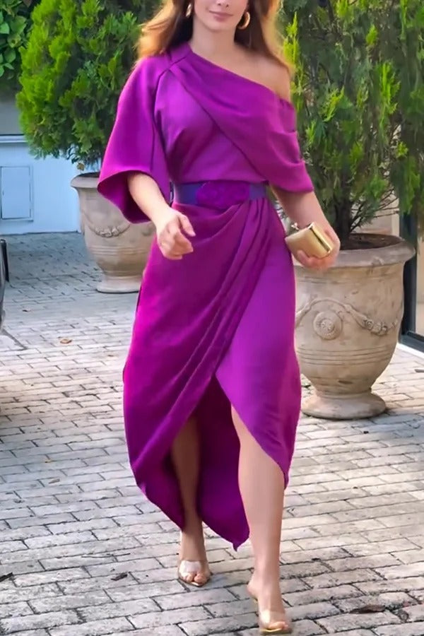 Satin Irregular Lapel Neckline Design Ruched Maxi Dress