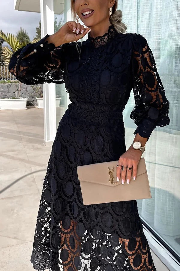 Romantic Sensual and Elegant Crochet Lace Lantern Sleeve Party Midi Dress