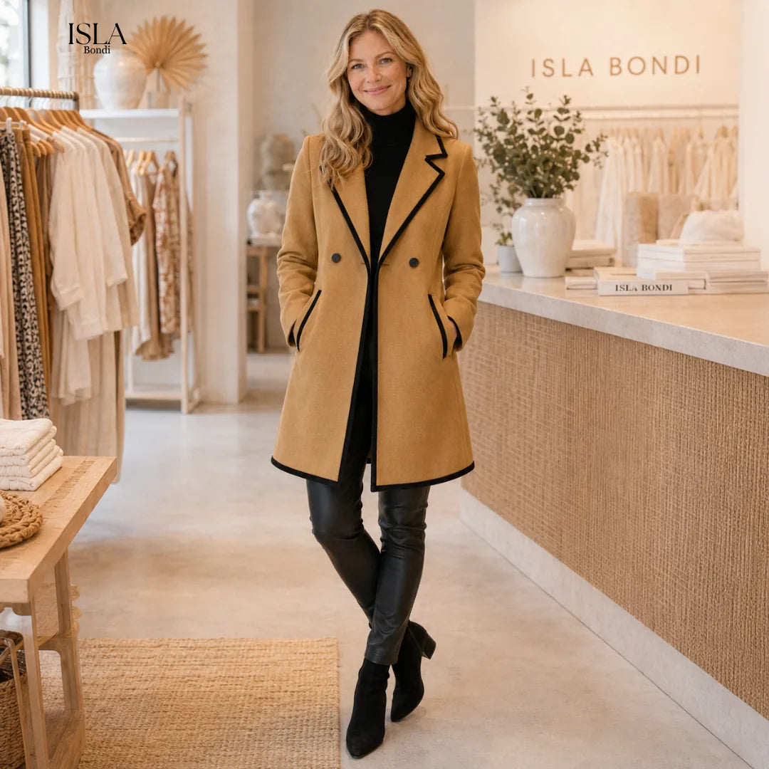 Chic Double-Breasted White Coat with Black Trim