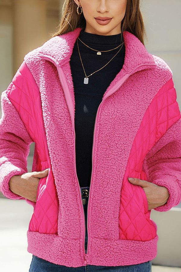 Fashion Long Sleeve Cardigan Zipper Plush Patchwork Women's Jacket