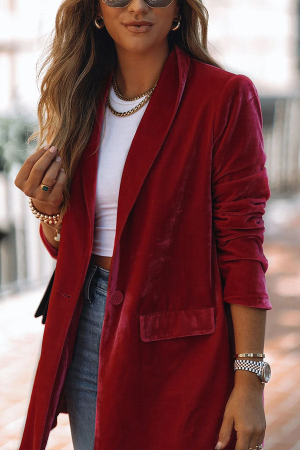 One Button Solid Color Mid-length Blazer with Suit Collar