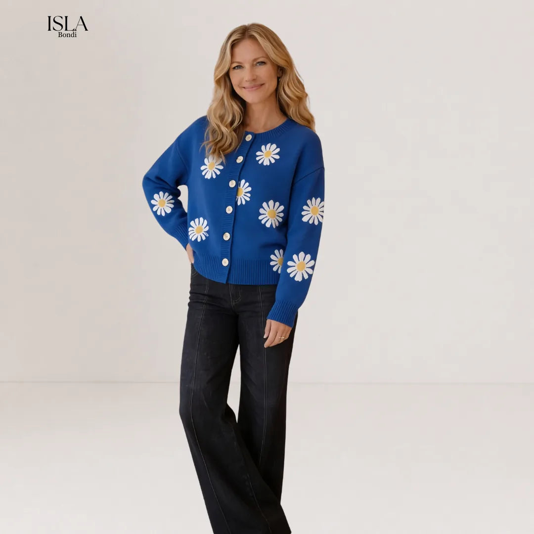 Round Neck Floral Embroidery Knitted Sweater Cardigan