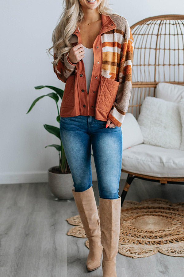 Striped Contrasting Casual Loose Long-sleeved Fur Coat