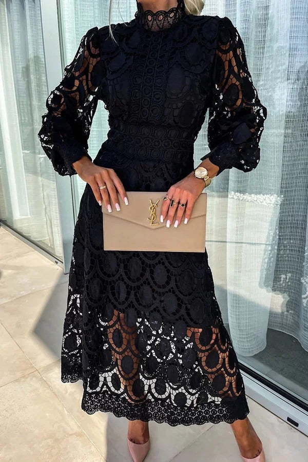 Romantic Sensual and Elegant Crochet Lace Lantern Sleeve Party Midi Dress