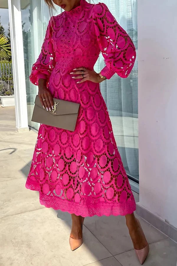 Romantic Sensual and Elegant Crochet Lace Lantern Sleeve Party Midi Dress