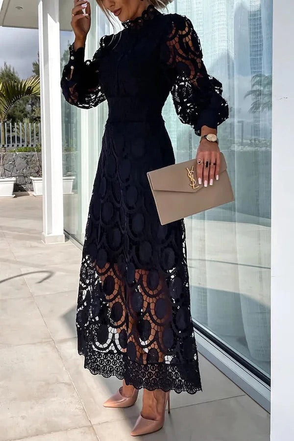 Romantic Sensual and Elegant Crochet Lace Lantern Sleeve Party Midi Dress