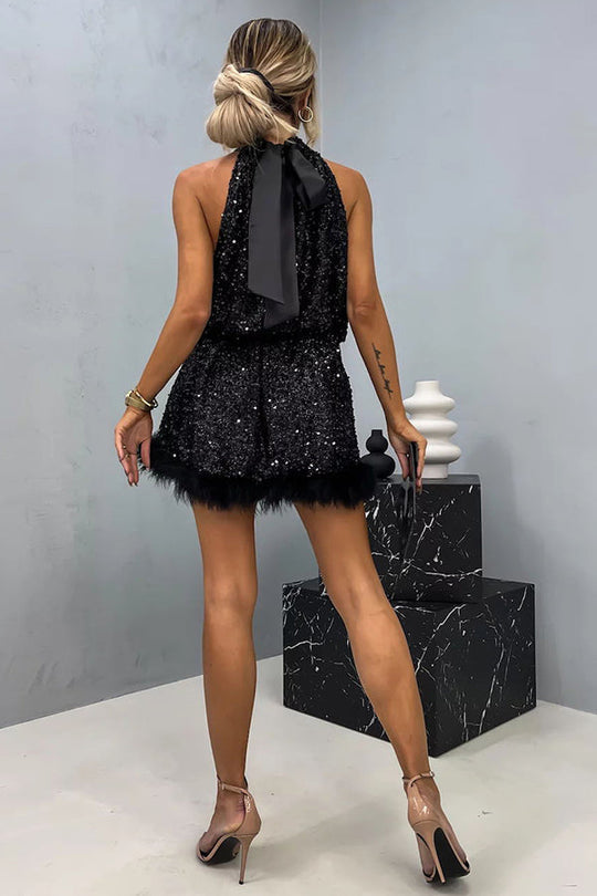 Sequin Feather Trim Halter Babydoll Mini Dress