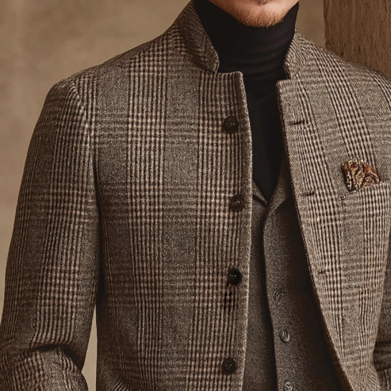 Men's Retro Casual Tweed Plaid Stand Collar Jacket