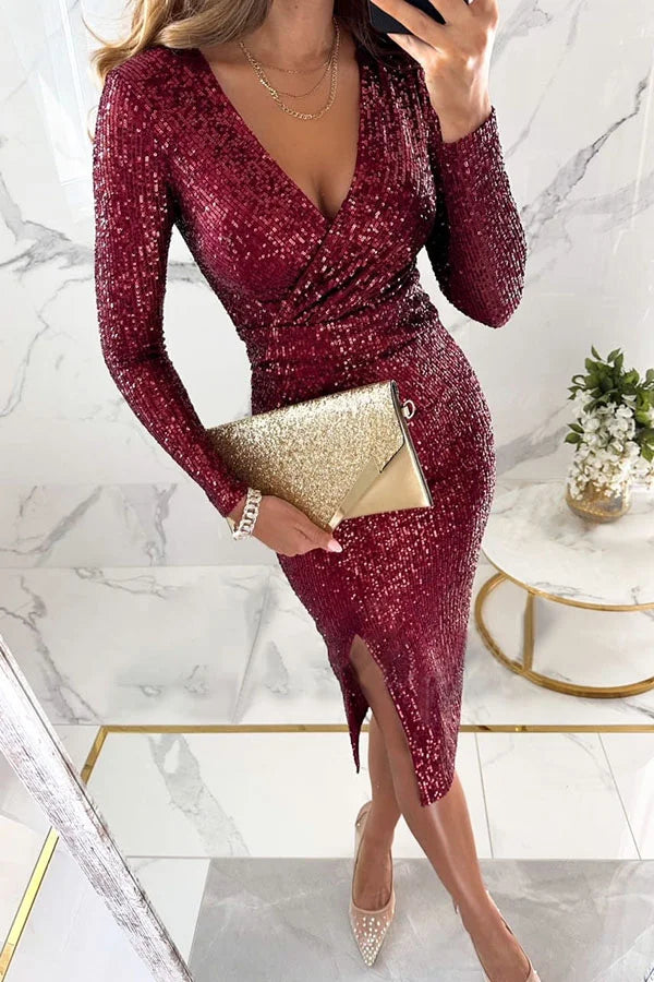 Sequin Long Sleeve Side Slit Midi Dress
