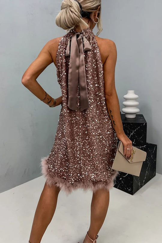 Sequin Feather Trim Halter Babydoll Mini Dress