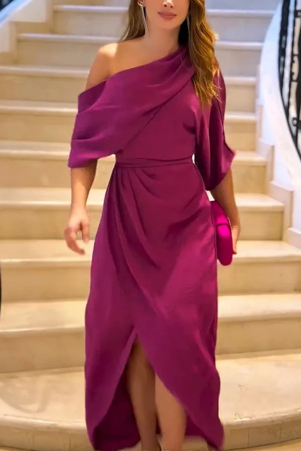 Satin Irregular Lapel Neckline Design Ruched Maxi Dress