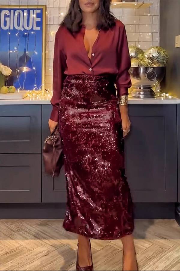 Sequined slit skirt